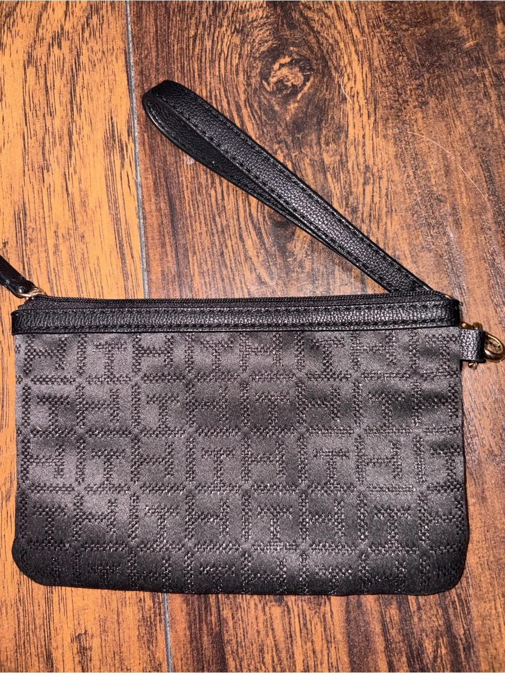 Tommy Hilfiger Black Quilted Logo Wristlet with Gold Hardware